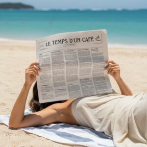 Femme sur la plage lisant le journal "Le temps d'un café"
