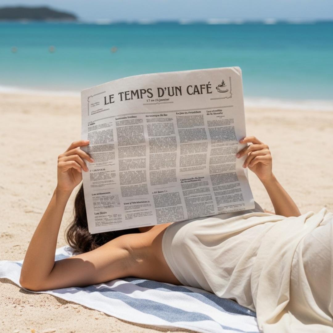 Femme sur la plage lisant le journal "Le temps d'un café"