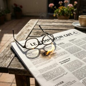 Lunettes posées sur le journal "Le temps d'un café" qui commence à s'enflammer