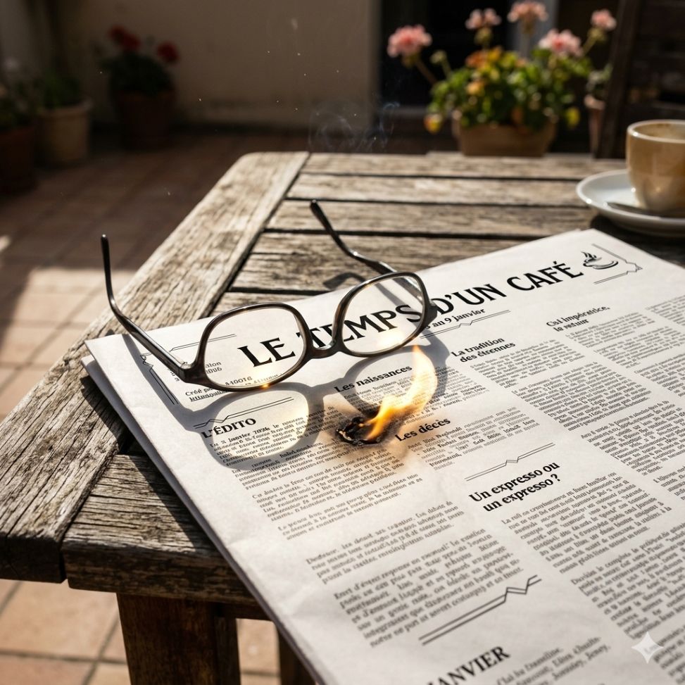 Lunettes posées sur le journal "Le temps d'un café" qui commence à s'enflammer
