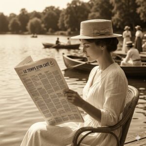 Femme lisant le journal "Le temps d'un café" au bord de l'eau dans les années 1900