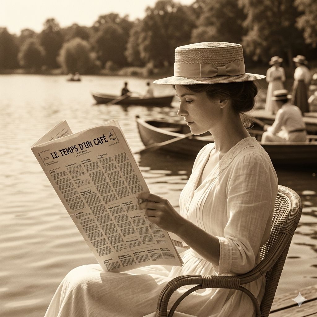 Femme lisant le journal "Le temps d'un café" au bord de l'eau dans les années 1900