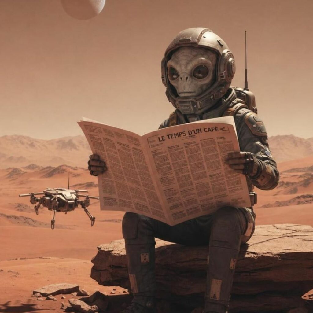 Extraterrestre lisant le journal "Le temps d'un café" sur Mars