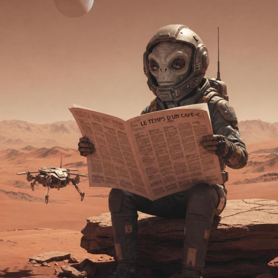 Extraterrestre lisant le journal "Le temps d'un café" sur Mars