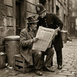 Mendiant anglais lisant le journal "Le temps d'un café" en compagnie d'un policier