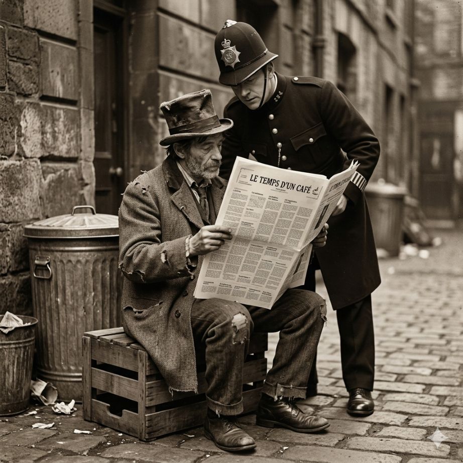 Mendiant anglais lisant le journal "Le temps d'un café" en compagnie d'un policier