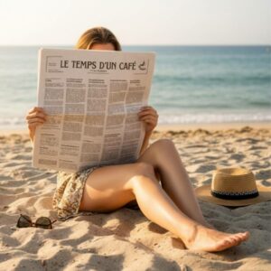 Femme sur la plage lisant le journal "Le temps d'un café"