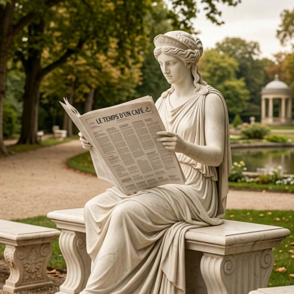 Statue lisant le journal "Le temps d'un café" dans un parc