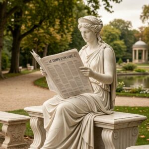 Statue lisant le journal "Le temps d'un café" dans un parc