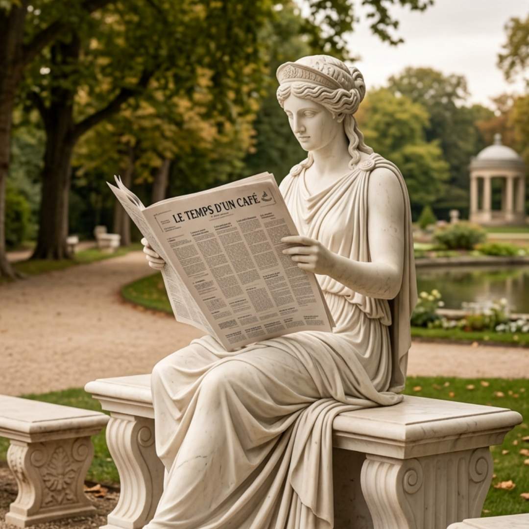 Statue lisant le journal "Le temps d'un café" dans un parc