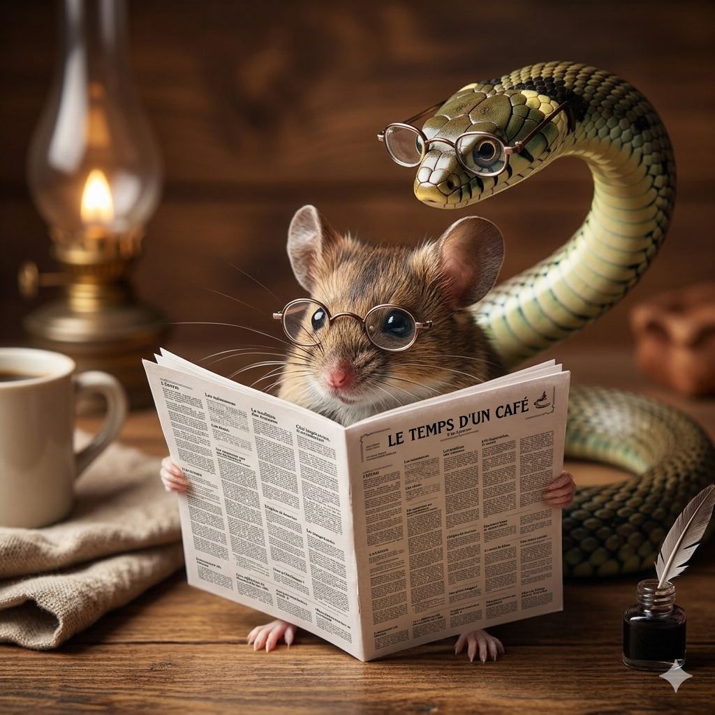 Une souris et un serpent lisant ensemble le journal "Le temps d'un café"