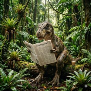 T-rex lisant le journal "Le temps d'un café" dans la jungle