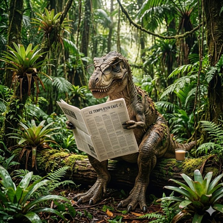 T-rex lisant le journal "Le temps d'un café" dans la jungle