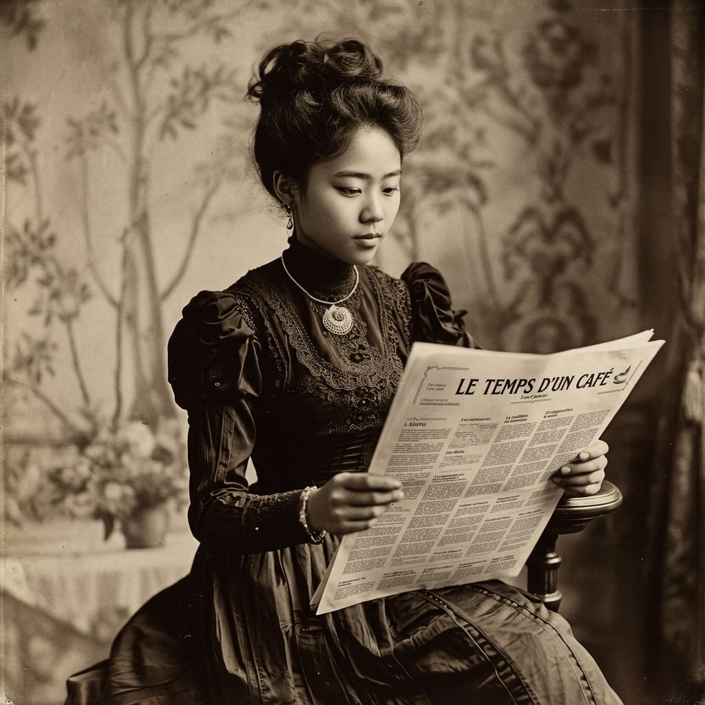 Photo vintage d'une jeune femme asiatique lisant le journal "Le temps d'un café"